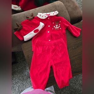 Baby Christmas Outfit with Reindeer Hat - Red